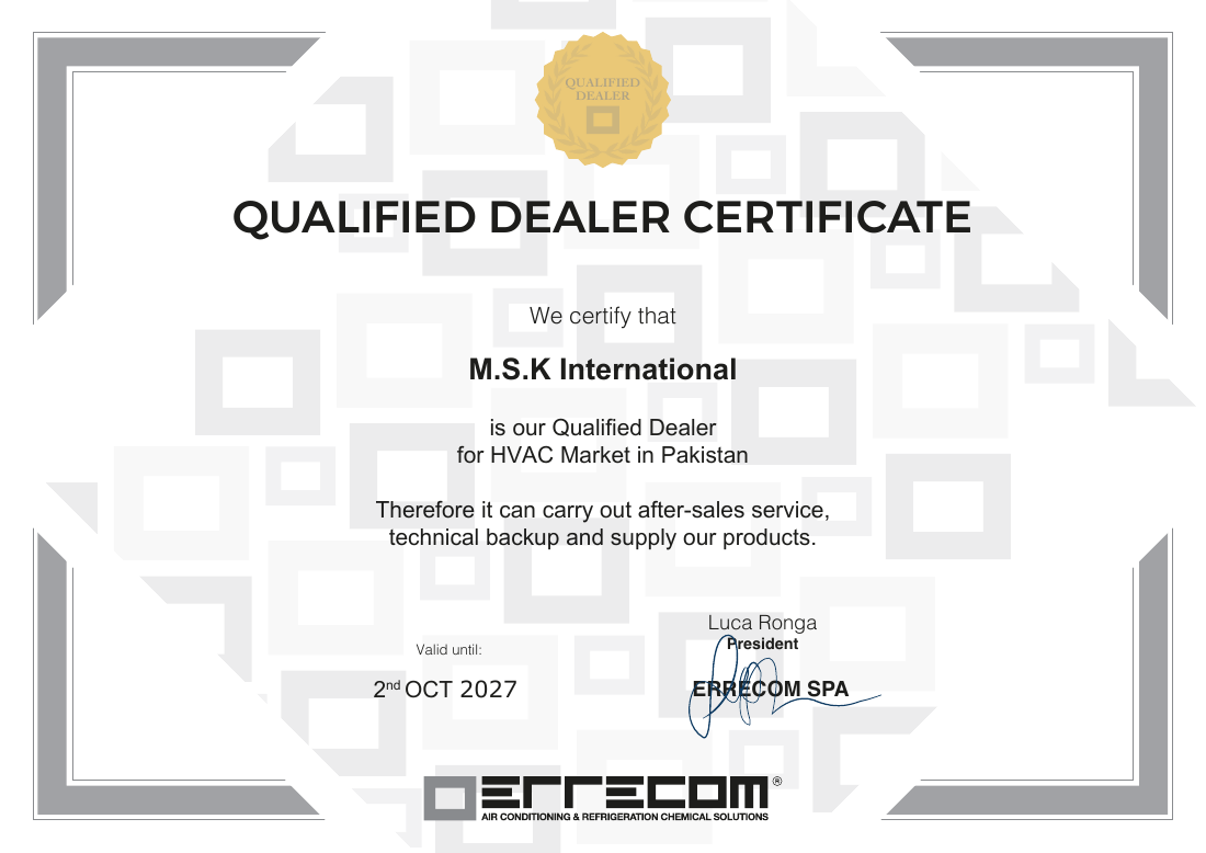 ERRECOM qualified dealer certificate issued to M.S.K International for the HVAC market in Pakistan, valid until 2 October 2027.
