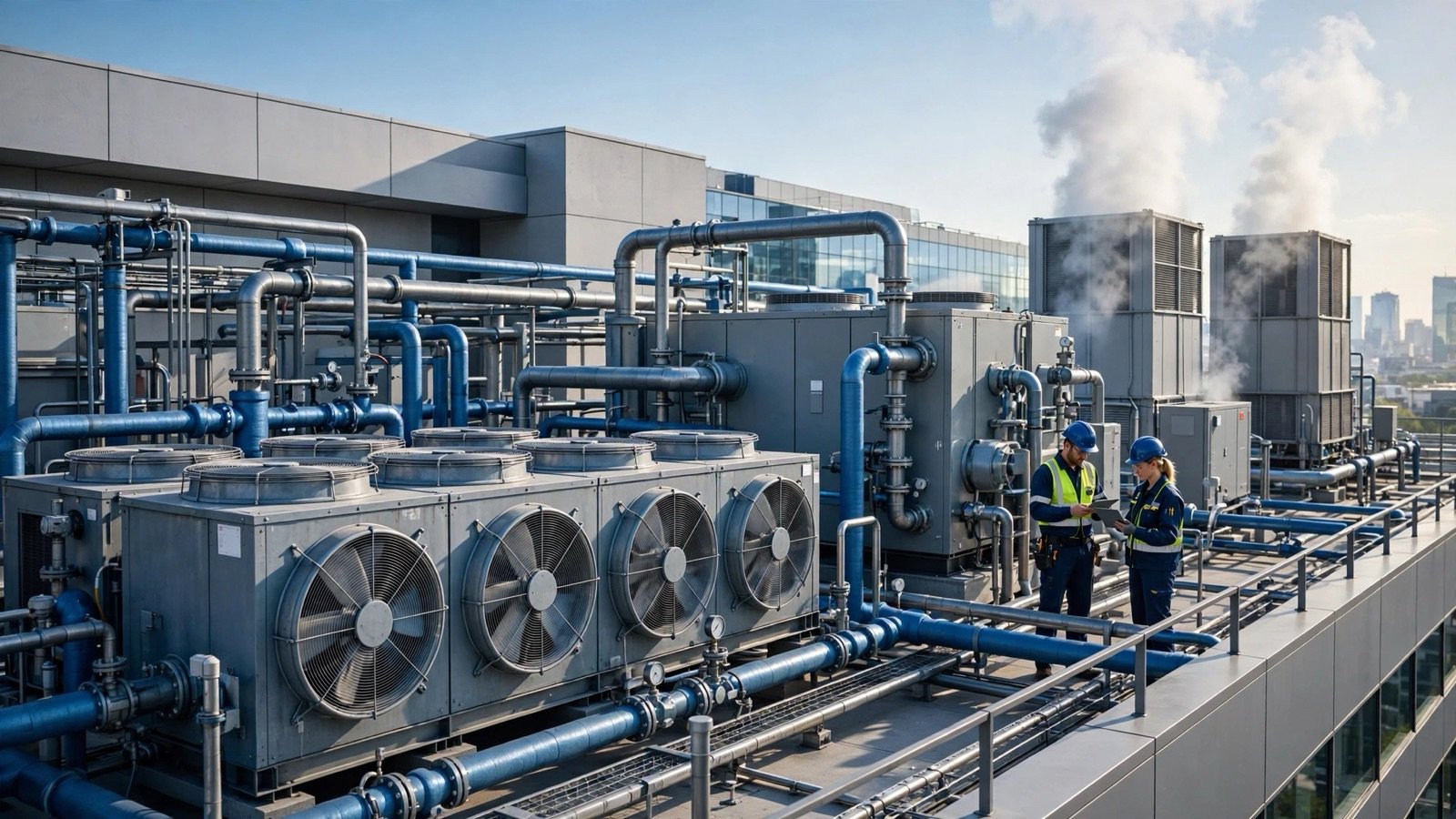 Commercial HVAC rooftop with air-cooled units, blue service piping and technicians.