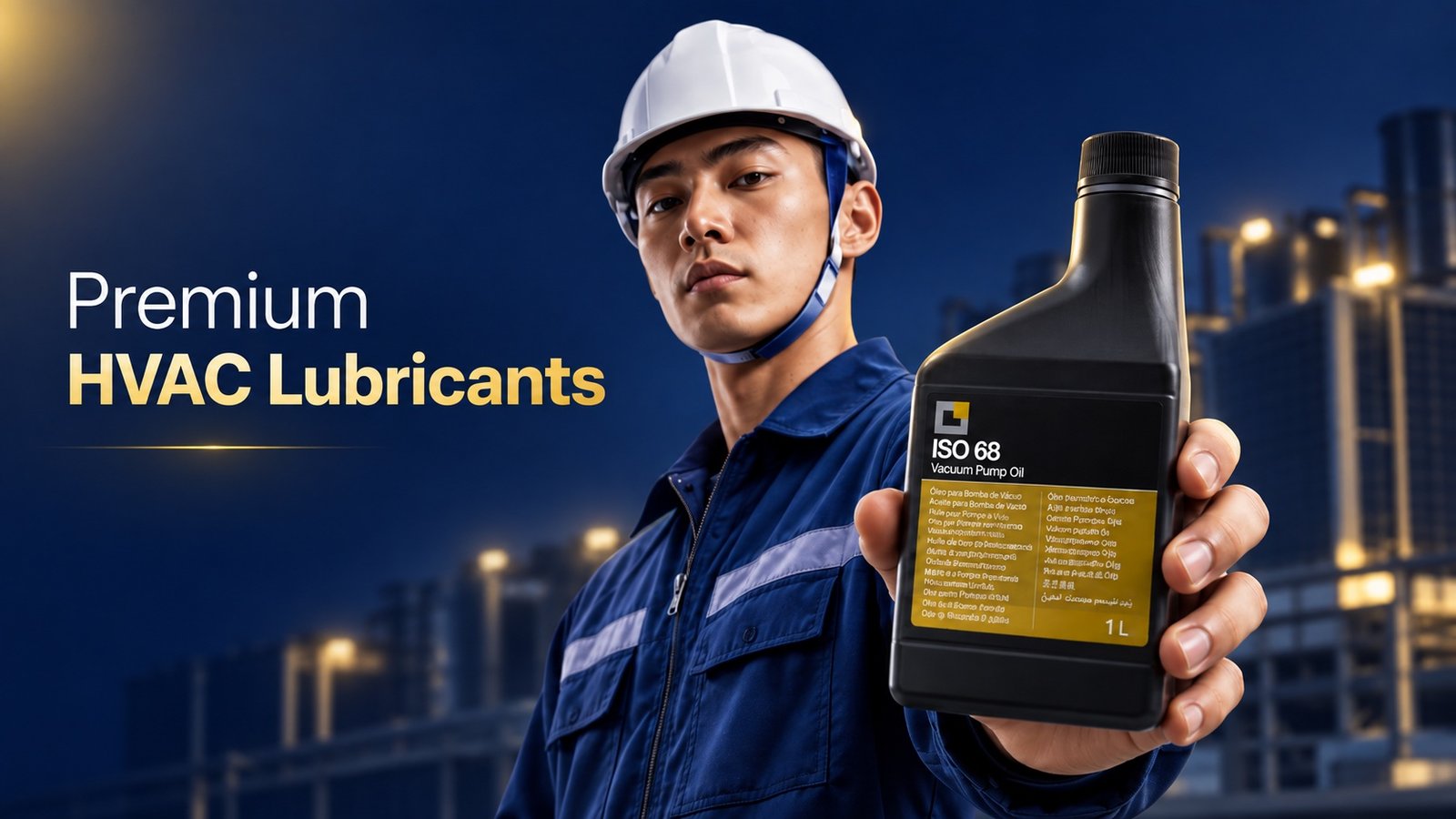 Premium HVAC Lubricants. A technician holding ERRECOM ISO 68 vacuum pump oil.